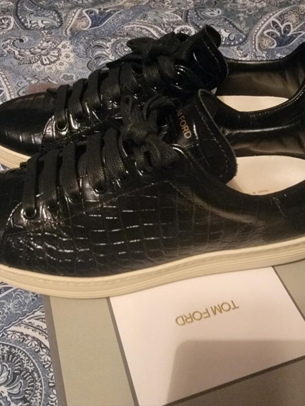 Tom Ford Warrick Black Croc-Embossed Low-Top Sneakers with Cream Sole
